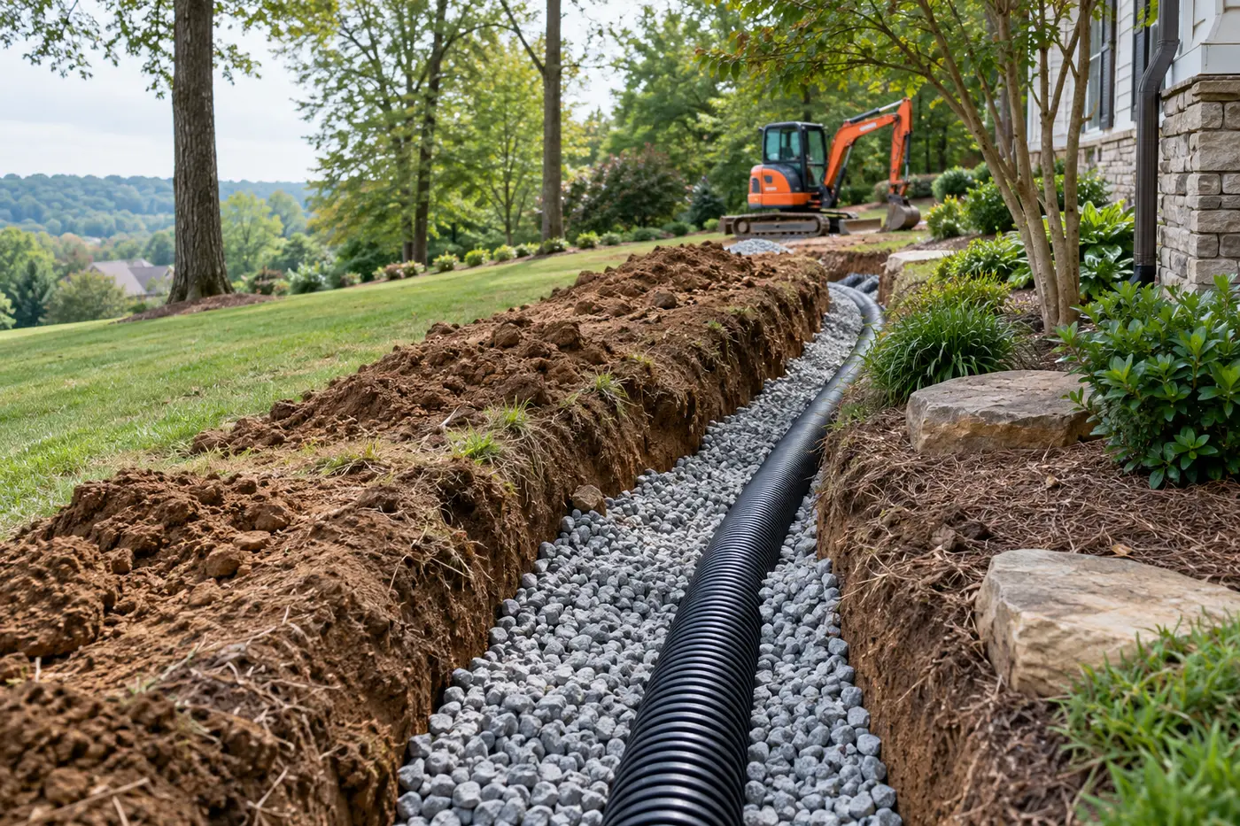 Drainage and French drain installation near a Chattanooga home